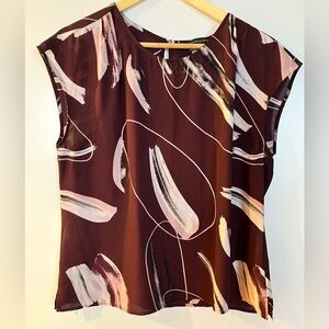 Willow & Thread Abstract Semi Sheer Print Blouse XL Burgundy Cap Sleeve